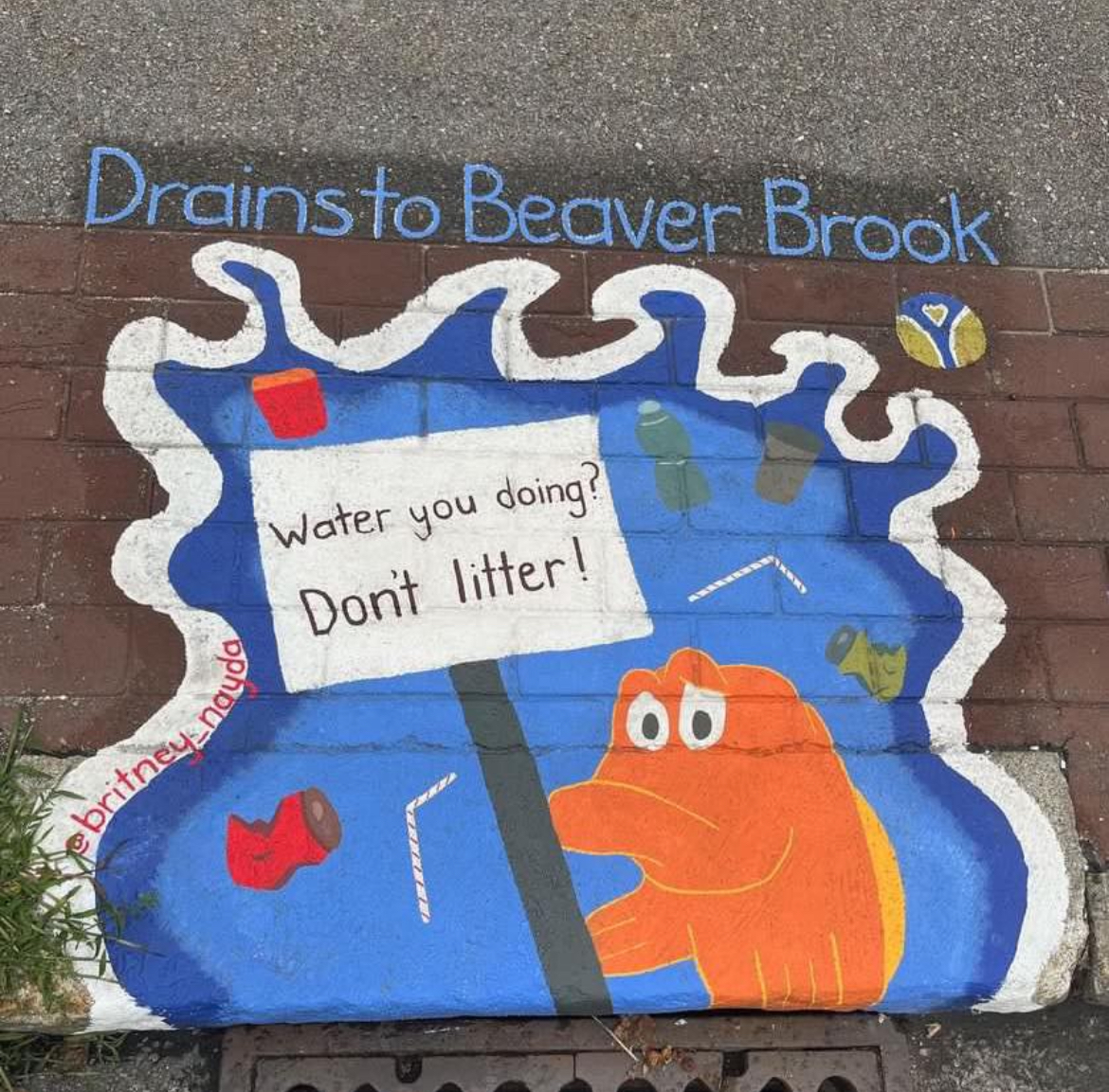 Catch basin mural with a blue water splash shape, cartoon trash items, and an orange fish holding a sign that says “Water you doing? Don’t litter!” Above, it reads “Drains to Beaver Brook.”
