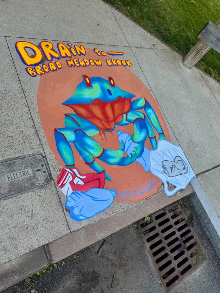 Sidewalk painting of a brightly colored crab holding pieces of trash like plastic bags and cups, with bold text above reading “Drain to Broad Meadow Brook.”