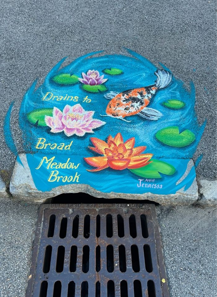 Colorful mural of a koi fish surrounded by lily pads and flowers in a blue pond. The painted text says “Drains to Broad Meadow Brook – Artist Jennessa.”