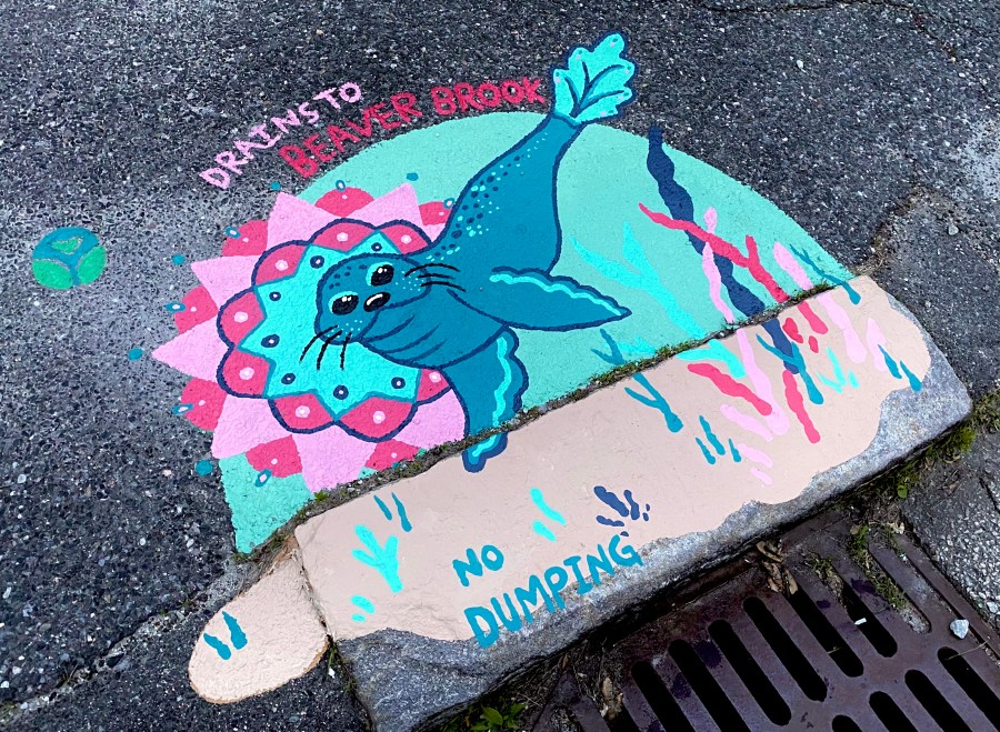 Colorful storm drain mural featuring a smiling blue seal swimming over a bright pink and teal mandala pattern, surrounded by seaweed and coral shapes. The message reads “DRAINS TO BEAVER BROOK – NO DUMPING.”
