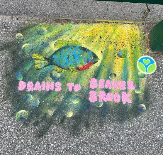 Catch basin mural featuring a colorful fish in an underwater scene with floating bubbles. Bright pink letters read “Drains to Beaver Brook.”