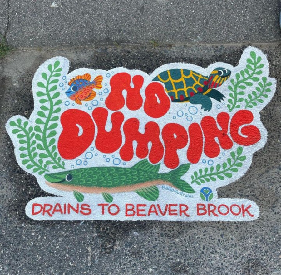 Sidewalk mural of underwater wildlife including a fish, turtle, and aquatic plants. The words “No Dumping – Drains to Beaver Brook” are displayed in bold red letters.