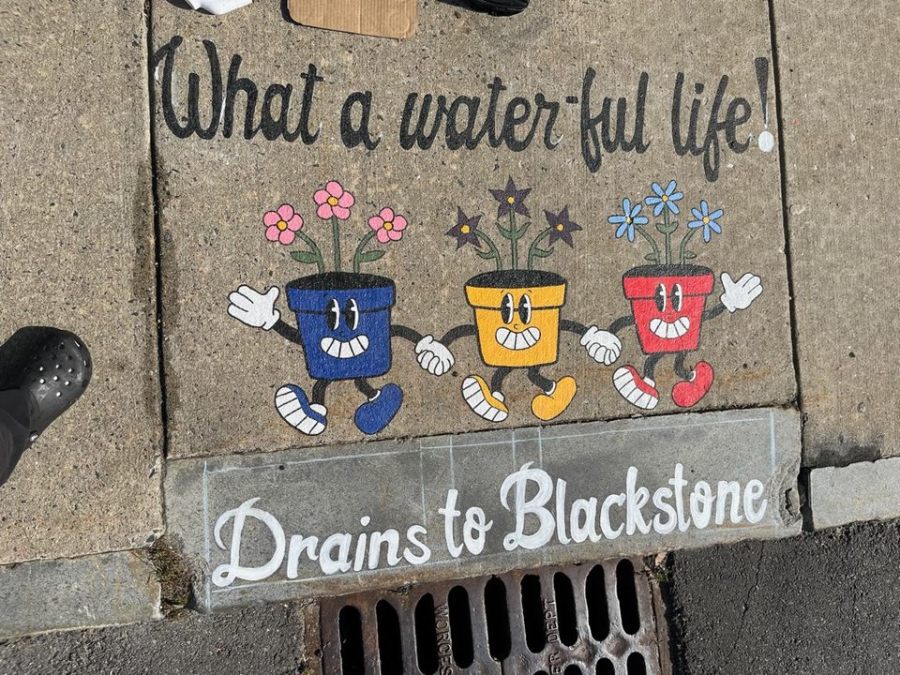 Finished mural of three smiling cartoon flower pots (blue, yellow, red) with blooming flowers, holding hands and marching. The phrase “What a water-ful life!” is written above. Below the mural, text reads “Drains to Blackstone” next to a storm drain.