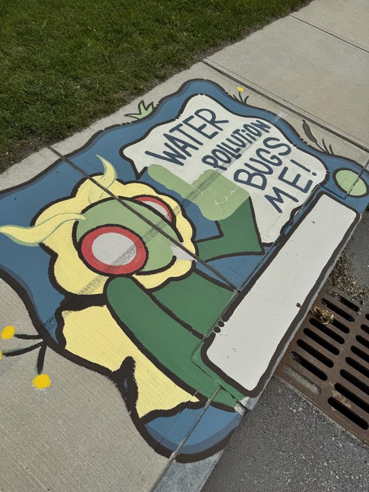 Sidewalk mural of a cartoon moth with large red eyes and yellow wings holding a sign that says “Water Pollution BUGS ME!” The artwork is painted next to a storm drain with grass in the background.