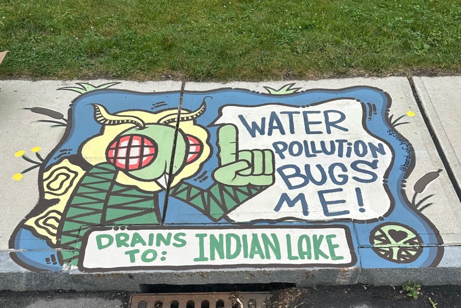 Full, completed mural featuring a colorful cartoon moth with red checkered eyes holding up one finger beside the bold message “Water Pollution BUGS ME!” Text below reads “Drains to: Indian Lake.” The Worcester Green Corps logo appears in the bottom corner.