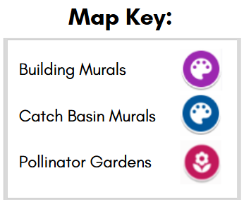 Map key showing three types of locations with corresponding icons and colors: Building Murals are marked with a purple icon featuring a paint palette. Catch Basin Murals are marked with a blue icon also featuring a paint palette. Pollinator Gardens are marked with a pink icon featuring a flower.